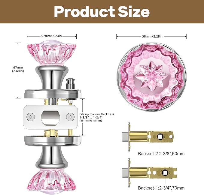 Pink Glass Door Knobs Interior with Lock, Crystal Door Knob | Interior Rose Shape Polished Chrome Privacy Door Knob for Bedroom and Bathroom