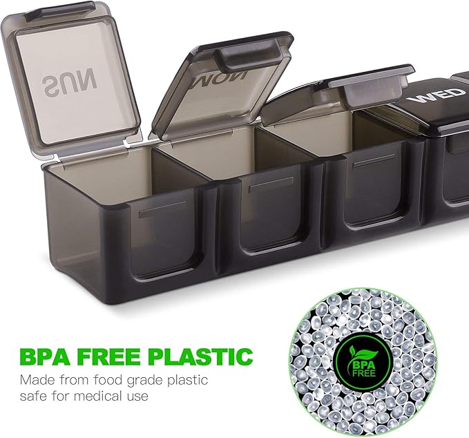 Pill Organizer XL Extra Large Weekly and Daily Pill Cases for Pills/Vitamin/Fish Oil/Supplements (Black)