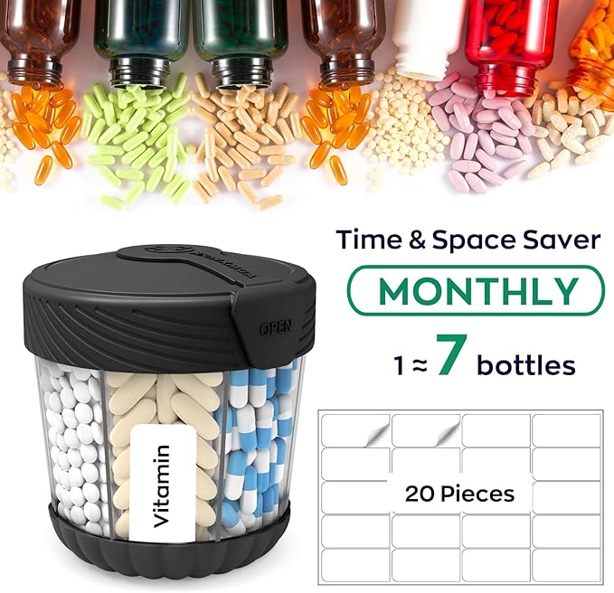 Large Pill Dispenser with 7 Compartments, Portable Pill Bottle Organizer for Travel, Anti-Mix Supplement Organizer Easy Twist Wide-Opening, BPA-Free Pill Box Container with 20Pcs Labels,Black