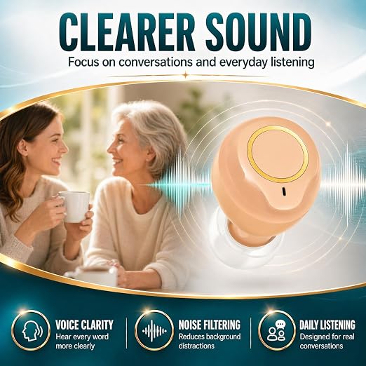 Rechargeable Hearing Amplifier for Seniors with Charging Case – Clear Sound for Conversations & TV Listening, Noise Reduction, Easy Volume Control, Comfortable In-Ear Design（Beige）