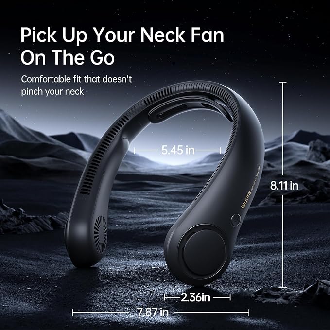 JISULIFE Portable Neck Fan Upgraded: Neckbrace Hands-Free, 5-Speed 5000 mAh | 16.5H Max Runtime, Personal Wearable Bladeless Rechargeable Fan for Outdoor/Travel/Concerts, Gifts for Women Men - Black