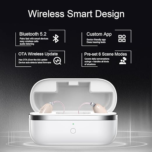 OTC Hearing Aids for Seniors & Adults, Bluetooth Rechargeable RIC Hearing Aids with Ai Noise Reduction, App Control, Mini Invisible Design, Feedback Control, Clear Voice & Music Streaming