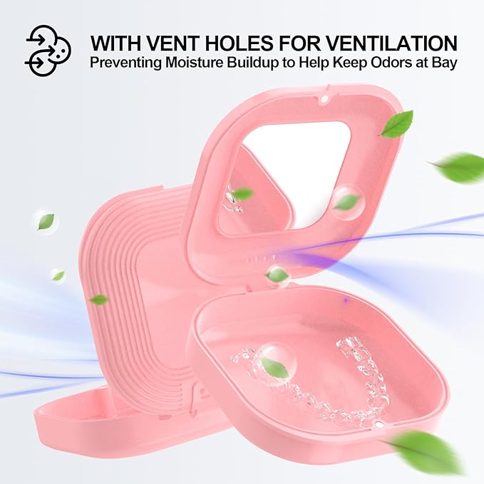 Retainer Case with Mirror and Vent Holes, Cute Retainer Holder Case Compatible with Invisalign, Aligner and Night Guard Case, Slim Retainer Case with Retainer Removal Tool, Chewies & Brush (Pink)