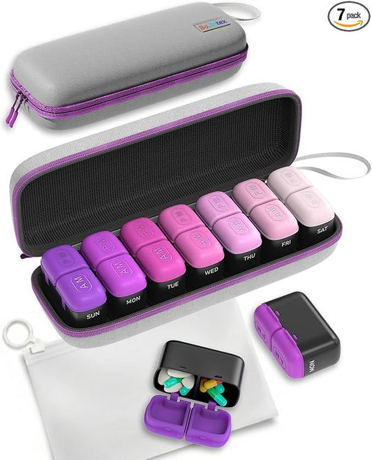 Weekly Pill Organizer 2 Times a Day, 7 Day Travel Medicine Pill Organizer with Moisture-Proof Silicone Lid, AM PM Daily Pill Box for Vitamins & Supplements, Aesthetics Pill Case(Purple)
