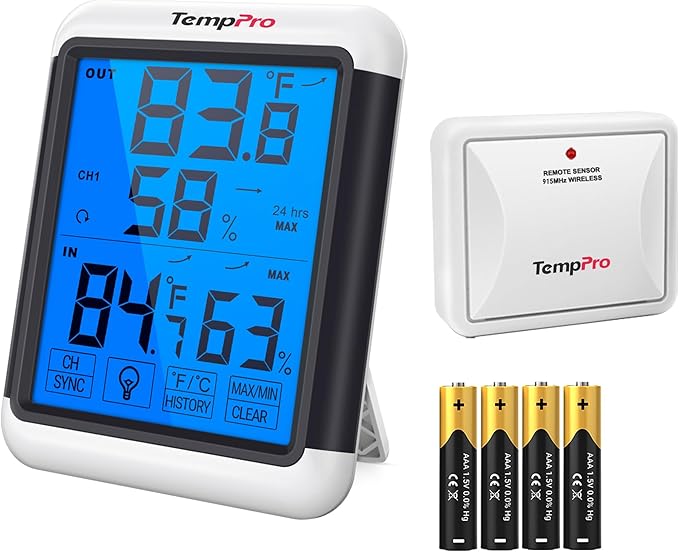 TempPro TempAir Indoor Outdoor Thermometer Digital Wireless Hygrometer | Temperature Humidity Monitor with Jumbo Touchscreen and Backlight Humidity Gauge,LCD