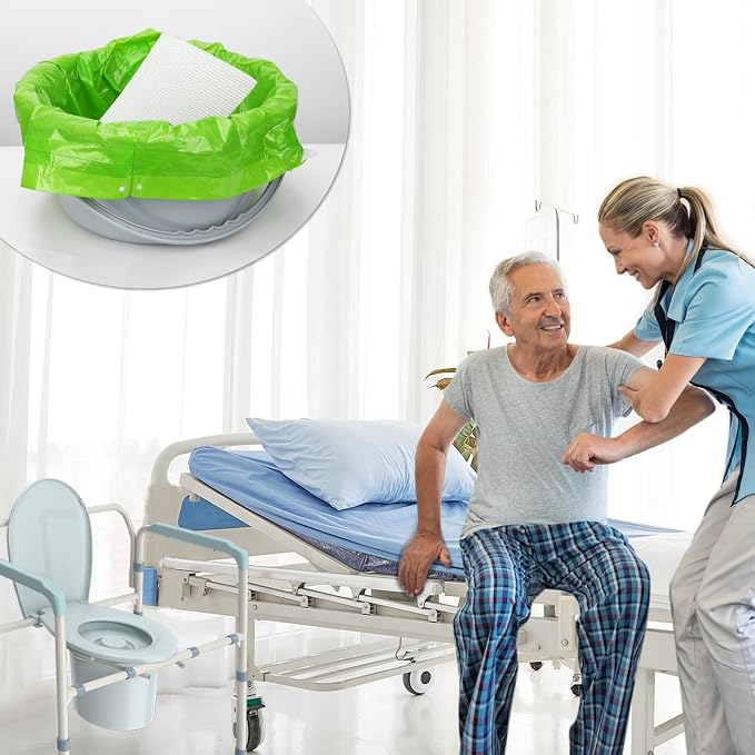 Commode Liners with Absorbent Pad, Universal Fit for Commode/Camping Toilet | 100Bags+100Pads, Leakproof, Drawstring Closure for Easy Disposal, 1000ml Absorbency, Versatile for Seniors Home Care, RV Trip