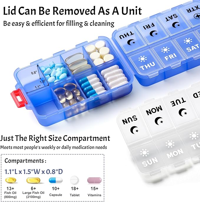Foldable Weekly Pill Organizer 2 Times a Day with 2 Extra Compartments (Clear Printed Labels) - 7 Day AM PM Medicine Box, Week Daily Travel Pill Case Holder for Vitamin, Supplement - Clear Blue