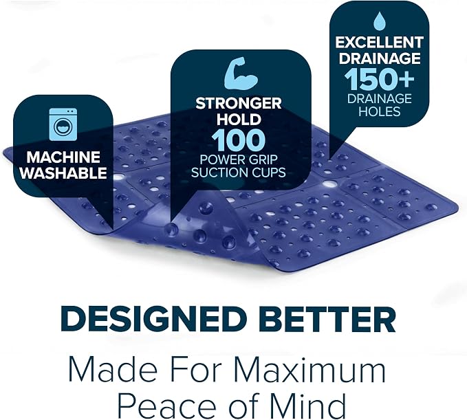 SlipX Solutions 27" Oversize Square Shower Mat, Non-Slip Mat for Elderly & Kids, 100+ Power Grip Suction Cups for Smooth Surfaces, Machine Washable, Navy