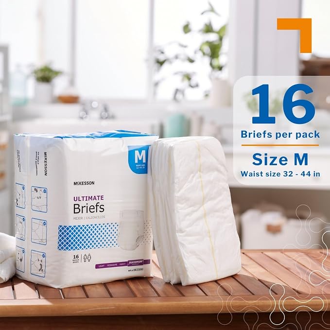 McKesson Ultimate Briefs, [16 Count], Size M, 32-44 in. Incontinence Adult Diapers with Tabs, Maximum Absorbency, Unisex, Disposable, Elastic Leg Gathers and Contoured Fit for Men and Women