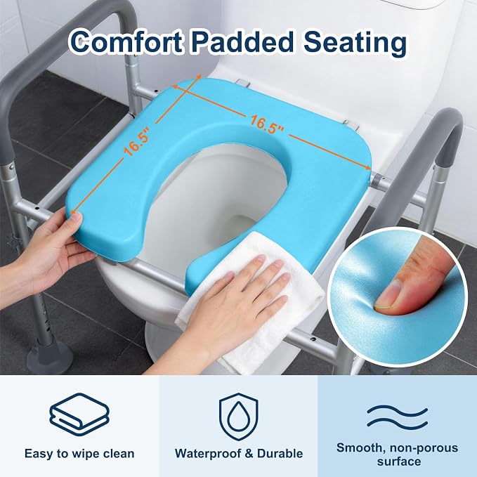 Adjustable Raised Toilet Seat with Handles for Seniors, Grey | 400lbs Capacity Elongated Toilet Seat Riser, Elevated Toilet Seat with Soft Cushion & Removable Armrests