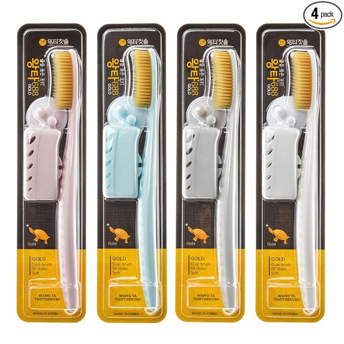 WANGTA Toothbrush 4pcs, Twice as Wide as Regular Brush Head, Wide Toothbrush, Long Brush Head, More Comfortable and Easier Brushing (Golden Brush)