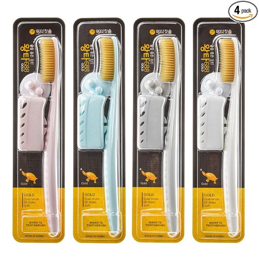 WANGTA Toothbrush 4pcs, Twice as Wide as Regular Brush Head, Wide Toothbrush, Long Brush Head, More Comfortable and Easier Brushing (Golden Brush)