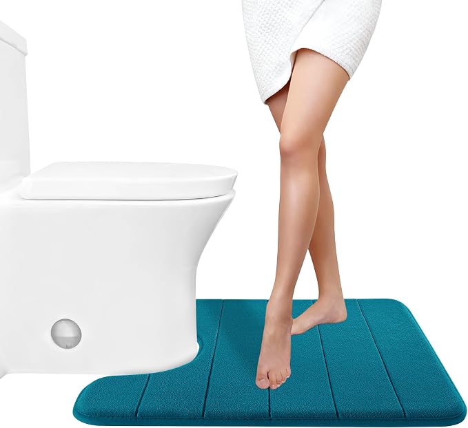 Yimobra Memory Foam Toilet Bath Mat U-Shaped, Soft and Comfortable, Water Absorption, Non-Slip, Thick, Machine Wash and Easier to Dry for Bathroom Commode Contour Rug, 24 X 20 Inches, Peacock Blue