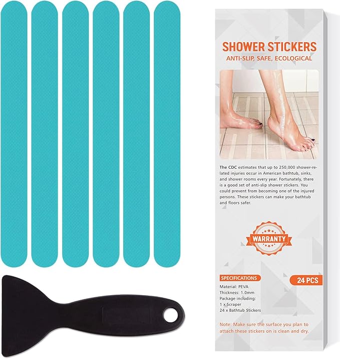 Non Slip Bathtub Stickers, 24 PCS Shower Stickers for Safety Bathroom Tubs, Bathtub Non Slip Stickers and Adhesive Decals Scraper for Bath Tub, Shower Floor, Stairs, Ladders (Blue)