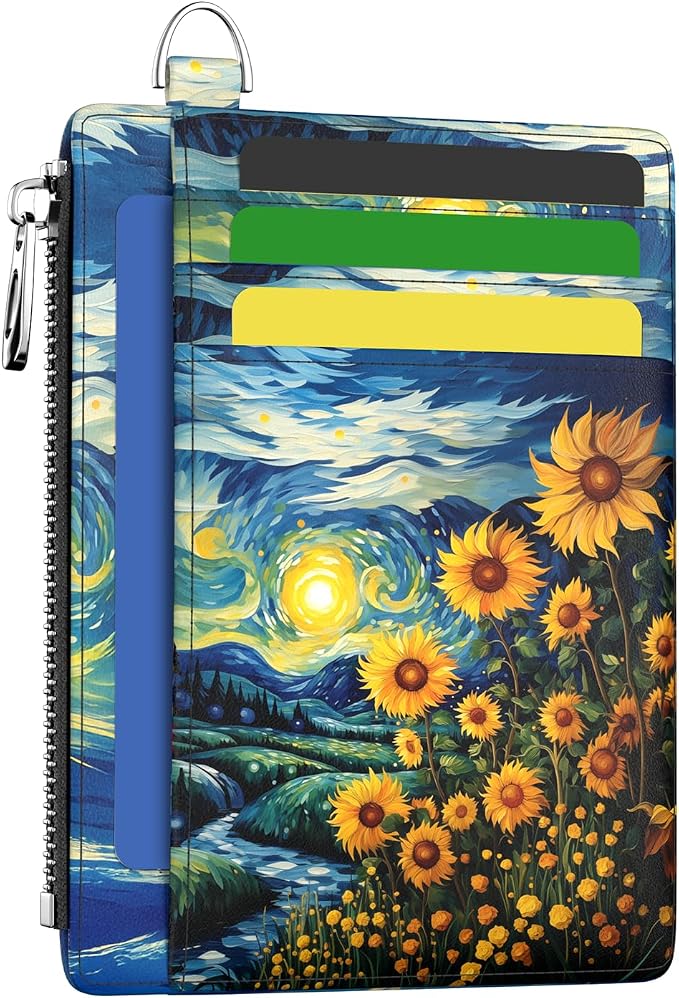 Hancynir Sunflower Slim Wallet Women Credit Card Holder, RFID Small Cute | Zipper Pocket Wallet, Thin Travel Coin Purse, Ladies Women Gifts, Minimalist Card Case, 6 Card Slots, ID Window, PU Leather