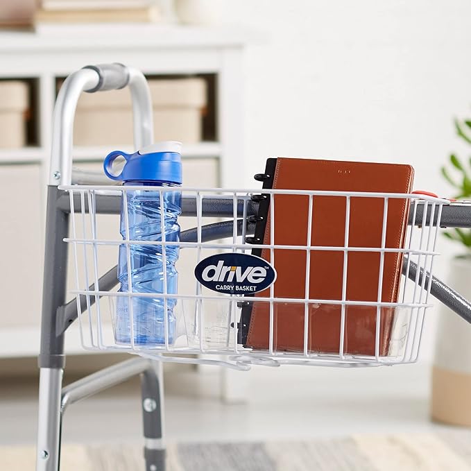 Drive Medical Walker Basket with Cup Holder for Folding Walker, White | Walker Basket Features Built-In Cup Holder for Convenient Everyday Storage on Any Folding Walker Frame