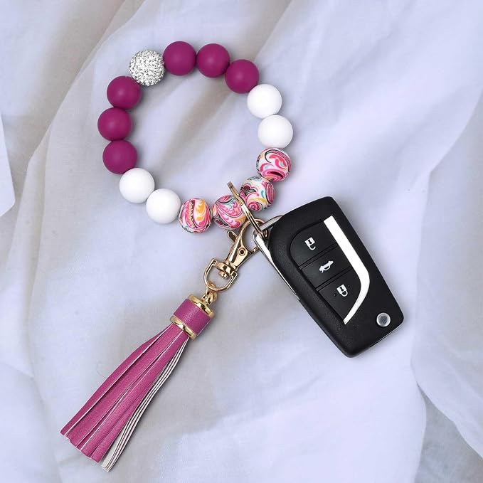 BAOSIWA Silicone Beaded Bracelet Keychain Wristlet Key Ring Bangle Chains for Women with Leather Tassel