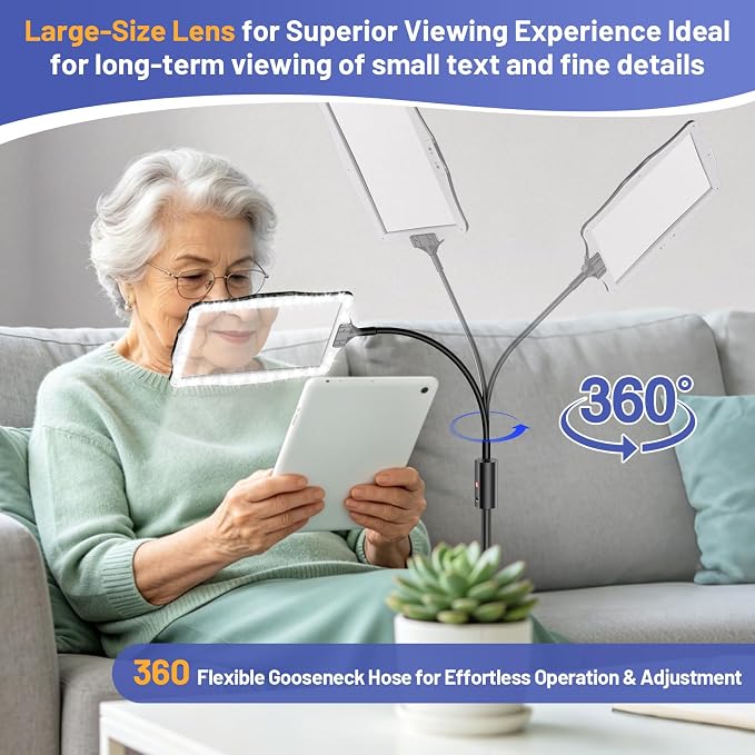 Hands Free Floor Magnifying Glass, with Light and Stand, 48-LEDs Rechargeable Floor Magnifying, Suitable for Reading, Sewing, Crafts, DIY, Embroidery, Close Work. Magnifiers for Seniors