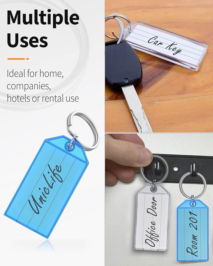 Uniclife 10 Pieces Key Tags 2 Inch Plastic Key Chain Tags with Ruled Blank Paper Labels Transparent Covers and Split Rings Sturdy Item Identifiers, 8 Colors | Tough plastic key tags with writable blank paper labels and clear covers keep labels protecte...