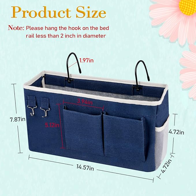 Bedside Caddy Bedside Storage Bag for Headboards/Bunk Bed | Hanging Bed Caddy with Hooks fits Bunk bed Hospital Beds Dorm Bed Rails, Essentials for Phones, Books, Remotes, Water Bottles