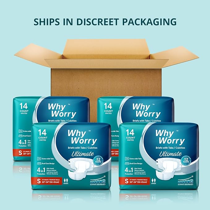 WhyWorry Ultimate Adult Diapers for Men and Women, Disposable Adult Briefs for Incontinence, Incontinence Briefs with Tabs, Ultimate Absorbency, Odor Control, Small, 56 Count (4 Packs of 14)