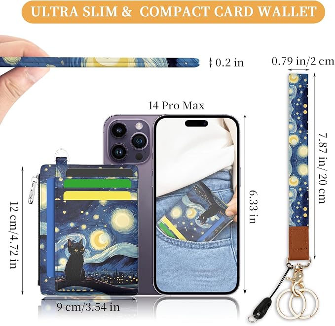 Hancynir Black Cat Slim Wallet Women Credit Card Holder Wristlet RFID Small | Cute Keychain Lanyard Wallet, Travel Zipper Coin Pocket, Ladies Gifts Women, Minimalist Card Case, 6 Card Slots, PU Leather