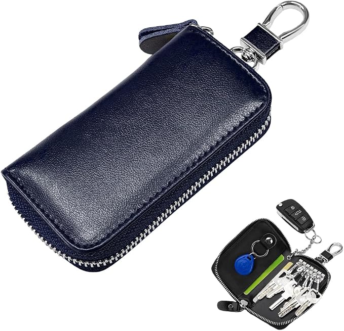 Leather Car Key Holder Bag, Unisex Key Fob Case with 6 Hooks, Zipper Closure Keychian Case Wallet for Smart Keys (Royal Blue)