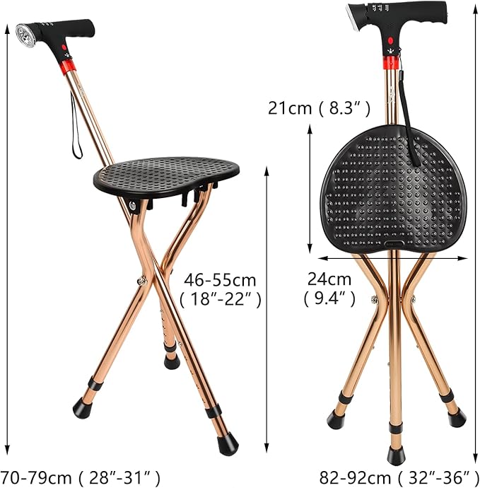 Cane with Seat for Men 220 lbs Capacity, Height Adjustable Foldable Stick Chair Cane and Stool Dual-use with LED Flashlight, Warning Light and Alarm for Elderly and Adults.