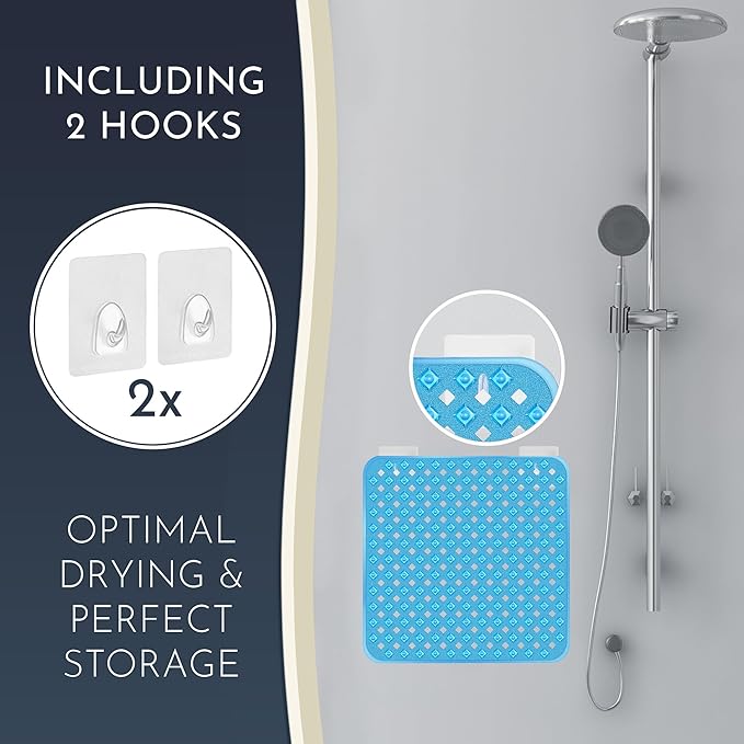 homerella® Shower Mat Non Slip Anti Mold, Non Slip Shower Mats for Inside Shower Stall Anti Slip Mat, Square Shower Floor Mat 21 x 21 in with Suction Cups & Hooks for Quick Drying, Machine Washable