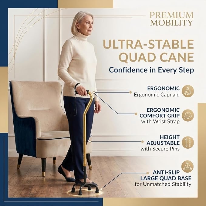 PARLORA Walking Cane 4 Prong for Stability - 3-in-1 Foldable Heavy Duty Cane with Interchangeable Quad & Single Bases, 8 Adjustable Heights, Offset Handle & Wrist Strap for Women, Men & Seniors