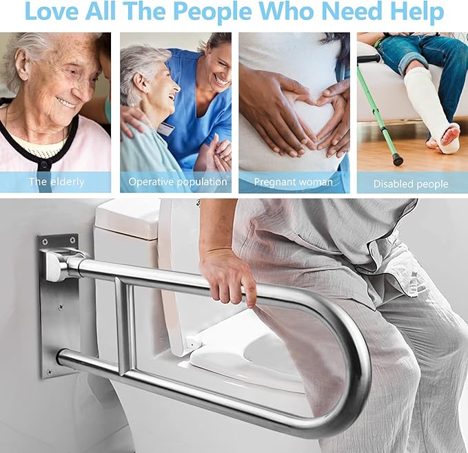 23.6 INCH Toilet Grab Bars for Bathroom Stainless Steel Flip Up Handicap Safety Grab Bar Rails for Elderly Seniors Bathtubs Showers Foldable Handle Grips Support for Walls Drop Down Screw-in Grab Bar