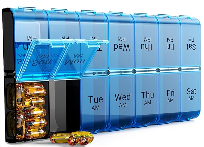 Extra Large Pill Organizer 2 Times a Day, Weekly XL AM PM Pill Case, 7 Day Pill Box Twice a Day, Oversized Daily Medicine Organizer for Vitamins (Blue)
