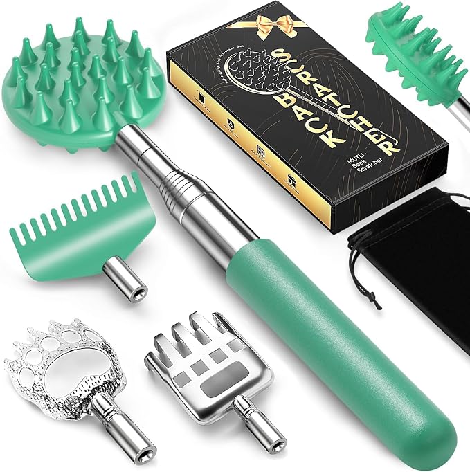 Telescoping Back Scratcher with 5 Detachable Heads, Gift for Men Cyan | 10-30" Reach, Stainless Steel Pole, Rubber Grip, Christmas Stocking Stuffers, White Elephant, Anniversary and Birthday Gift