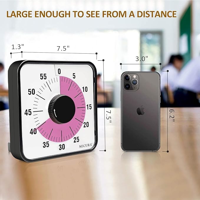 Secura 60-Minute Visual Countdown Timer, 7.5-Inch Oversize Classroom Visual Timer for Kids and Adults, Durable Mechanical Kitchen Timer Clock with Magnetic Backing (Peony Color)