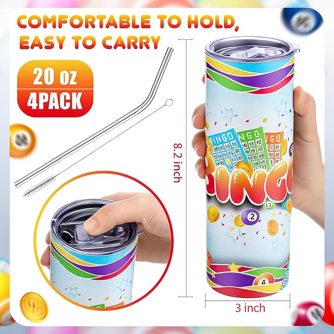 Geiserailie 4 Pack Bingo Tumbler Cups 20 oz Game Gifts Stainless Steel Tumbler with Lids Prizes for Seniors Mom Grandma Dad (Classic)