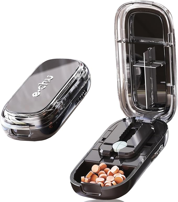 DUBSTAR Pill Cutter Splitter for Cutting Multiple Pills, 1/2 1/4 Pill Cutter Splitter for Small and Tiny Pills (Clear Black)