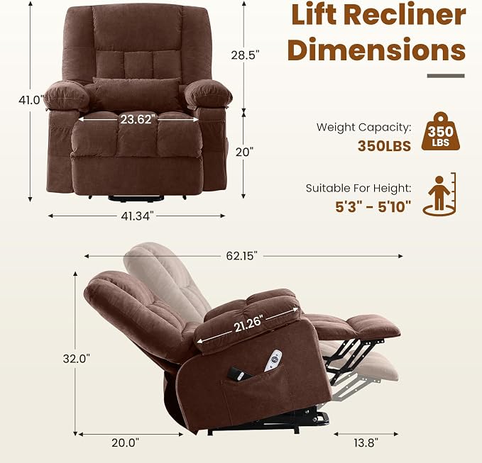 Electric Power Lift Recliner Chair Sofa with Massage and Heat for Elderly,Lift Chair with Front Pocket & Side Pockets for Living Room