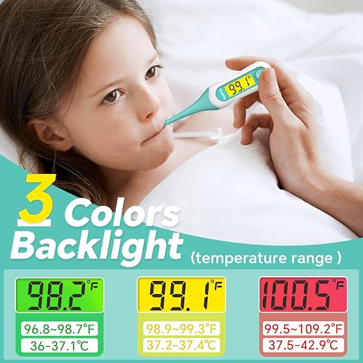 Digital Thermometer for Adults, Kids & Babies, 8-Second Fast Reading Oral Thermometer with Fever Alarm, Waterproof Baby Thermometer for Oral Rectal Underarm, 3-Color Backlit LCD,Storage Case Included