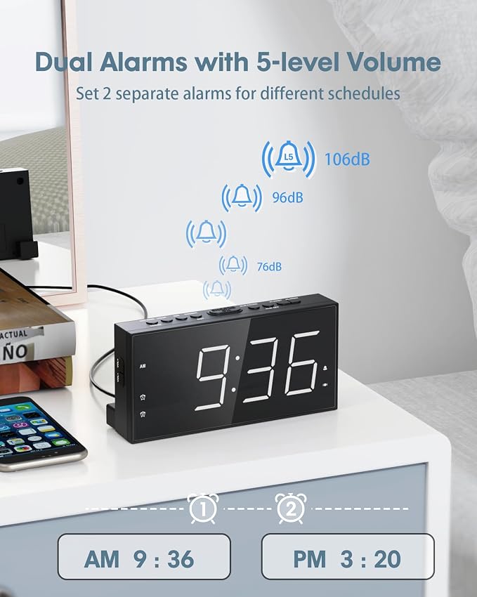 Roxicosly Alarm Clock for Heavy Sleepers with Bed Shaker, Dual Alarm Clock with USB Charger, 7.5" Large LED Display, Adjustable Brightness, Snooze, 12/24H & Battery Backup for Hard of Hearing/Deaf