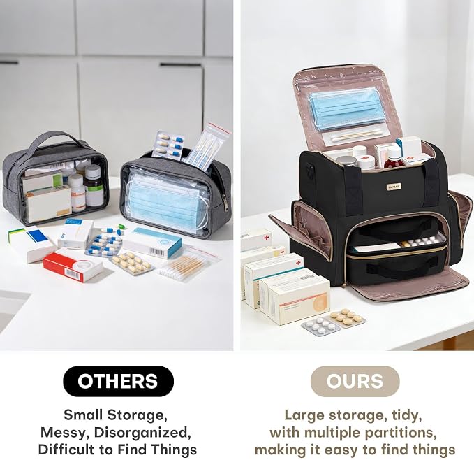 BAFAMYE Large Medicine Storage Bag with 2 Removable Cases, Medicine Storage Bag with Multiple Storage Sections,with Shoulder Strap,Suitable for Travel or Home,Black