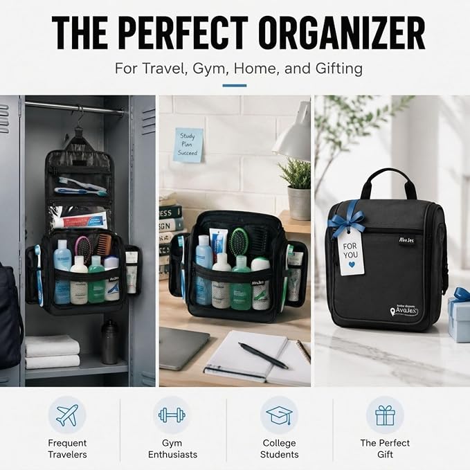 AvaJex Travel Toiletry Bag for Men - Large Dopp Kit (10.6"x10.6"x3.2") - Hanging Waterproof Mens Hygiene Organizer Bag with XXL Metal Swivel Hook, Sturdy Zippers and 19 Compartments for Toiletries