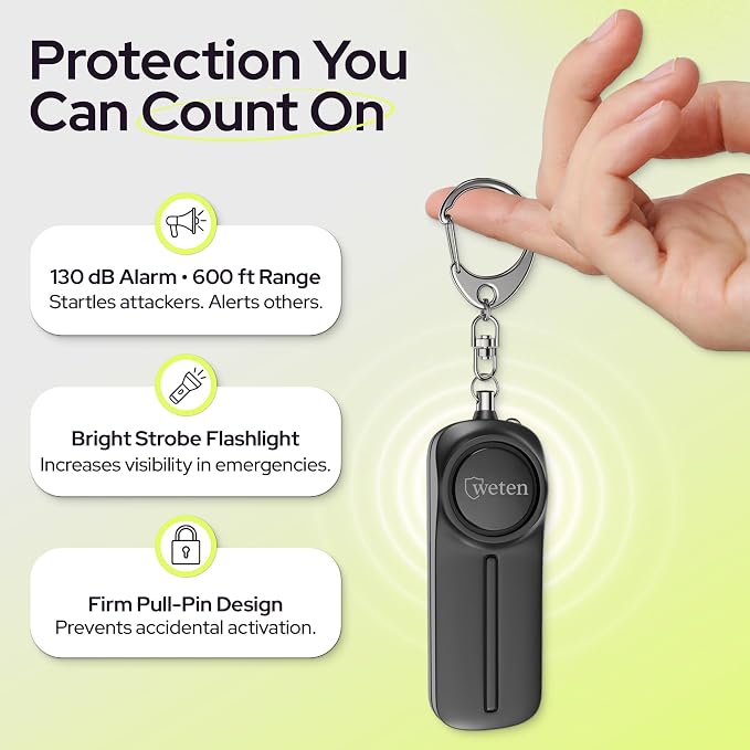 Personal Safety Alarm Keychain for Women, 130dB Siren, 2 Pack Black | LED Light, Panic Pin, Self-Defense Device, Emergency Whistle Alternative for College, Travel, and Night Walk Protection