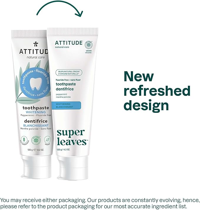 ATTITUDE Fluoride-Free Whitening Toothpaste, Peppermint Flavor, Vegan & Cruelty-Free, Sugar-Free, Plant & Mineral-Based Ingredients, Clean Oral Care, 4.2 Oz