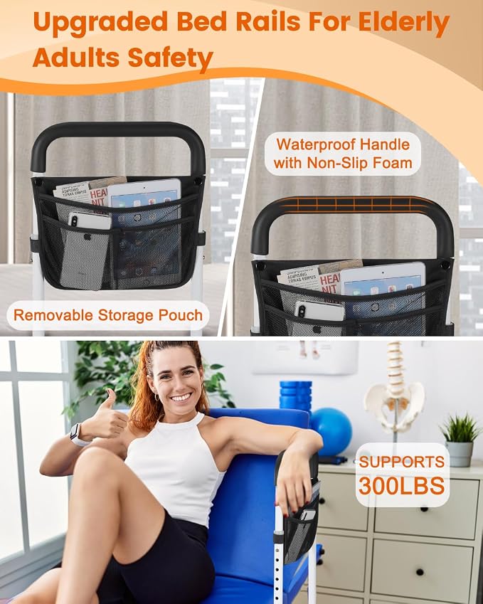 Bed Rails for Elderly Adults Safety - Adjustable Bed Assist Rail for Seniors - Stable Bed Side Rails Handle Support Bar Beds Guard Rail with Storage Bag & Fixing Strap, Fit King Queen Full Twin