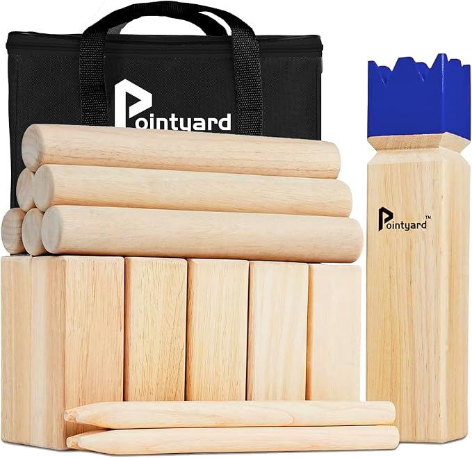Kubb Yard Game Set Viking Chess Outdoor Hevea Hardwood Toss Game for Adults & Families - with 10 Blocks, 6 Batons, Carrying Bag | Perfect for Backyard Lawn Beach Party BBQ Camping