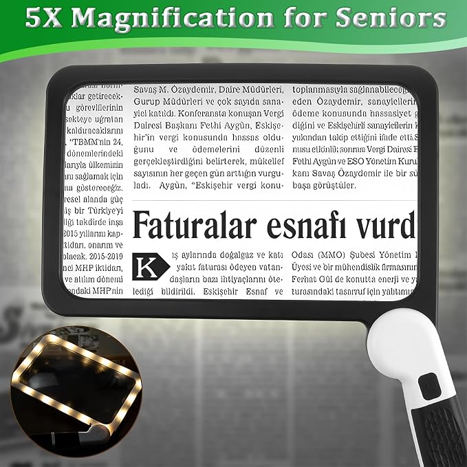 5X Large Full Page Magnifying Glass, 48 LED Handheld Full Page Magnifying Glass,Lightweight Shatterproof Magnifier for Seniors, Low Vision, Reading Books/Medication Labels (Battery Not Included)
