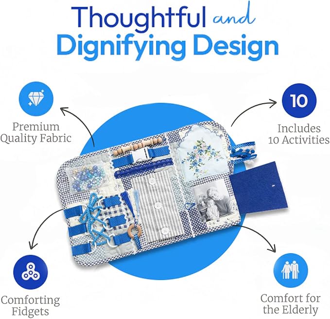 Fidget Blanket for Adults with Dementia w/Ten Dementia Gadgets & Activities, Best Gifts for Dementia Patients, 20 X 12 in, Blue Busy Blanket for Dementia Patients, Dementia Activities for Seniors