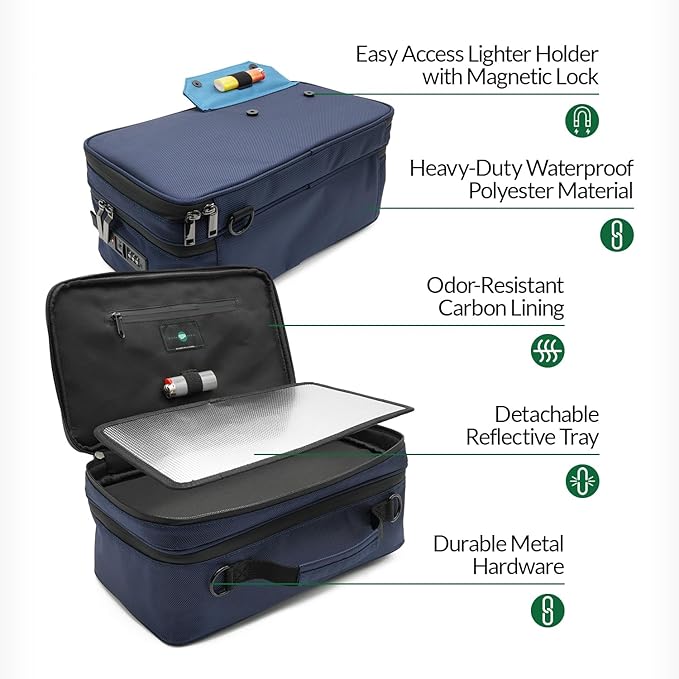 Large Storage Case with TSA Combination Lock Bag, Portable Carbon Lined, XL Medicine Lockable Box for Travel & Home Secured Box Organizer Divider Jars Accessories, Removable Tray (Blue)