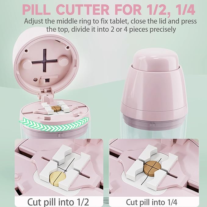 Pill Cutter with Water Cup, 1/4 Pill Splitter for Small and Large Pills Precision Quarter Cutter Splitter with Dispenser, 3-Compartment Storage | Stainless Steel Blade (Pink)