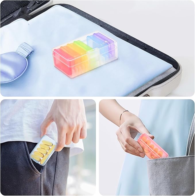 Fullicon Small Pill Case for Purse, Travel Medicine Pill Organizer, Weekly 7 Day Daily Pill Box, Pocket Pharmacy Pill Container Dispenser Holder with Labels (Clear Rainbow)